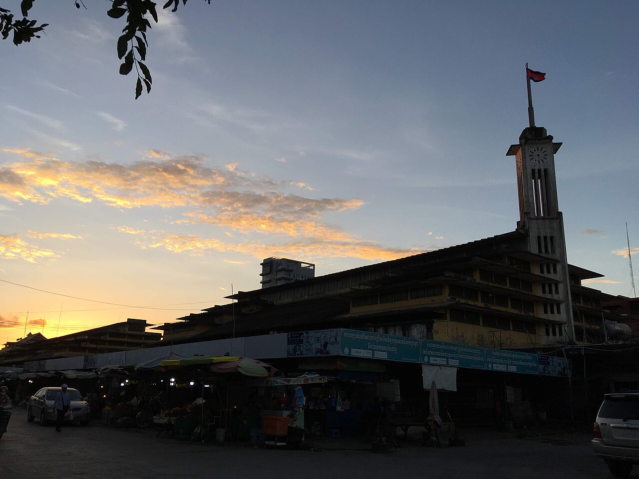 Psar Nath market and its clock tower at sunset in Battambang
