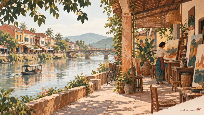 Imagined riverside studio with a painter, shophouses and a bridge.